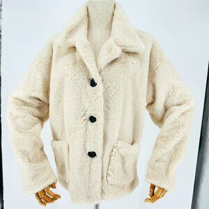 Paper Crane Cream Super Soft Teddy Jacket with Oversized Brown Button Down Front